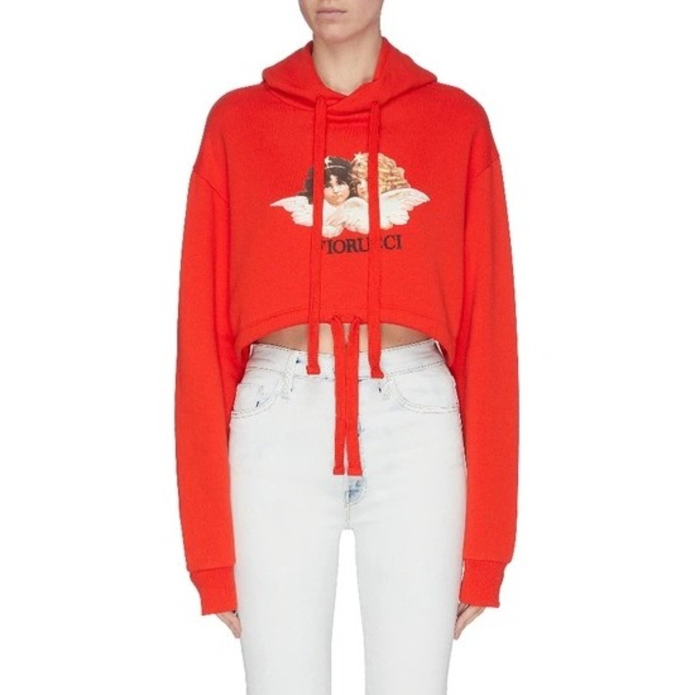 Fiorucci Vintage Angels Oversized Cropped Hoodie Red Orange Large Sweatshirt
